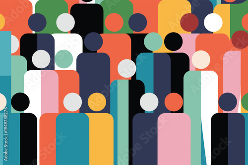 Abstract colorful crowd of diverse people figures symbolizing community, diversity, inclusion and social unity, modern flat illustration representing population, teamwork and multicultural society