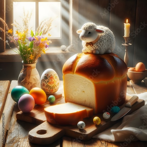 Warm Easter table setting featuring bread sheep toy and colorful eggs in bright sunlight indoors.