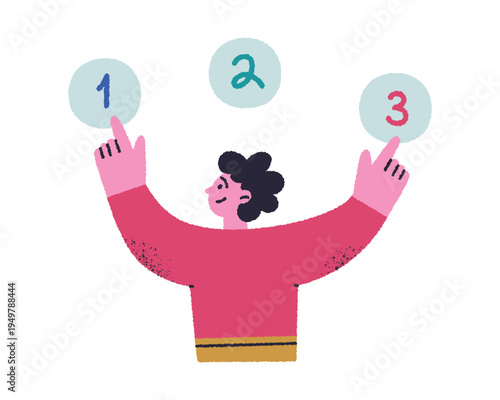 Cute flat cartoon character arranging numbered signs 1, 2 and 3, abstract planning and priority setting scene. Organization and task management empty state vector illustration with grainy textures