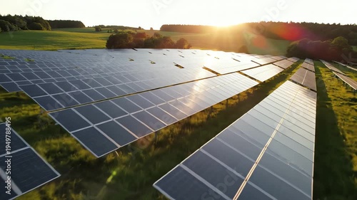 Aerial view of a solar panel farm in a green field at sunrise with a clear sky and trees in the background.