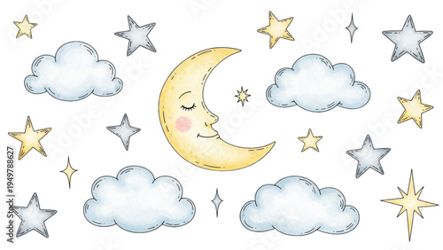 The smiling moon sleeps peacefully under cloudy skies with stars.