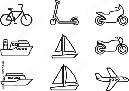 A collection of various modes of transportation icons