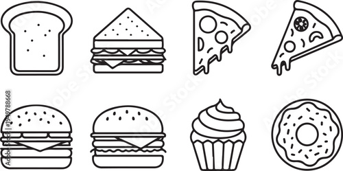 Assorted illustrations of popular fast food and dessert items drawn in simple line art style