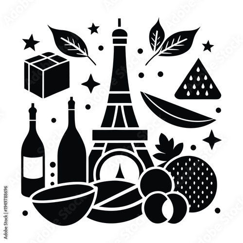 Black and white of Parisian including the Eiffel Tower wine bottles cheese and leaves France