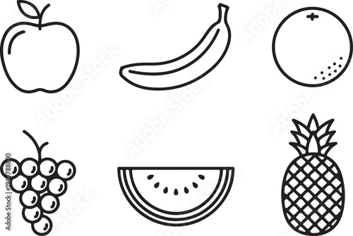 Colorful illustration of six different types of fruits in simple line drawings