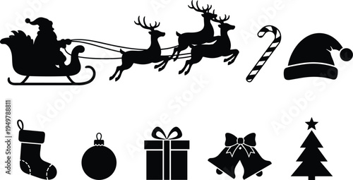 Christmas silhouette icon set featuring Santa sleigh with reindeer candy cane hat stocking gift bell ornament and tree festive holiday vector illustration