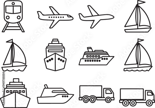 Collection of various modes of transportation and watercraft icons