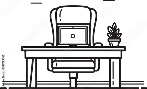 A minimalist workspace with a desk, chair, laptop, and small potted plant