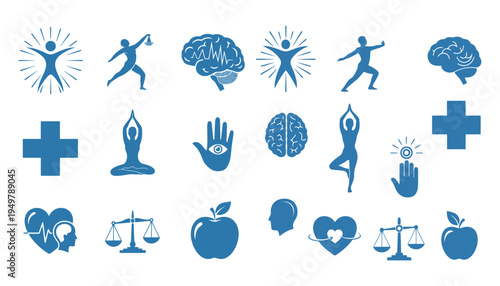 Mental and physical wellbeing icons health mind body and balance concepts