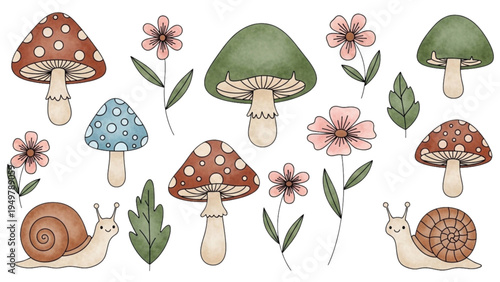 Snails slowly move across colorful mushrooms and vibrant flowers in a serene garden scene with lush greenery.