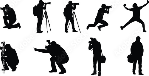 Collection of photographer silhouettes with cameras capturing images, set of professional photographers shooting, crouching and jumping isolated on white background photography concept