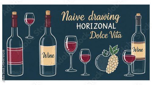 A naive drawing of wine bottles and glasses with a pineapple on a horizontal Dolce Vita scene