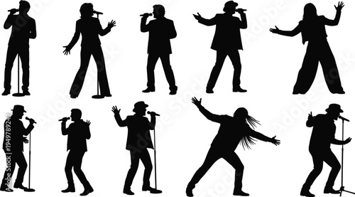 Collection of singer silhouettes performing with microphone on stage, set of male and female vocalists in dynamic poses isolated on white background music concept