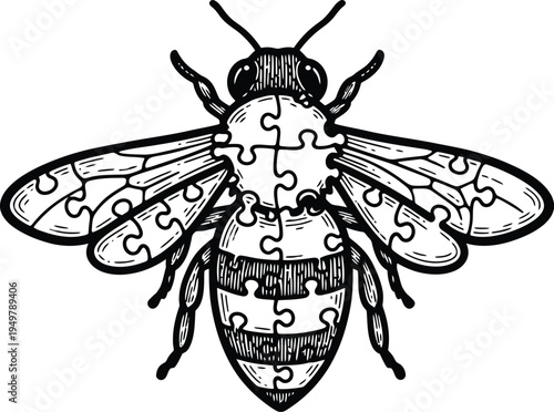Linocut-style bee made of puzzle pieces vector, bold engraved hand-carved texture, ecosystem teamwork concept illustration, pollinator conservation symbol, white background