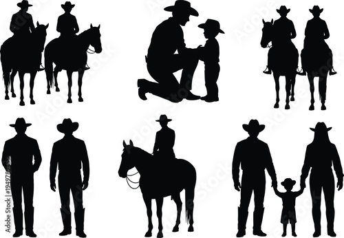 Cowboy silhouette collection with horse riders western family scenes and ranch lifestyle characters isolated vector illustration set for rodeo country design