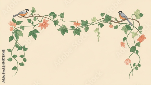 Two birds perch on a flowering vine with green leaves and peach blossoms
