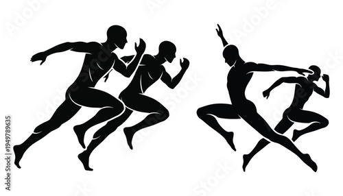 Silhouettes of four figures actively running illustrating speed and athletic movement