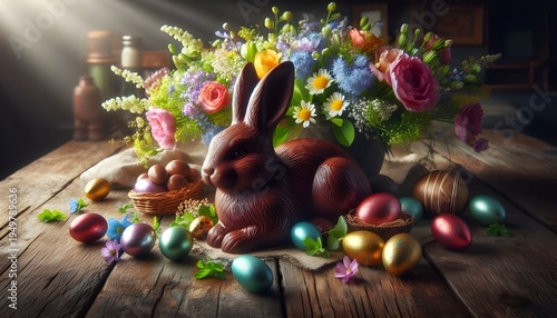 Chocolate bunny sculpture with floral arrangement and colorful eggs on wooden table for Easter decor.