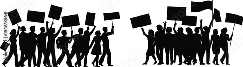 Crowd of protest people silhouettes holding banners and flags, demonstration group representing activism, public protest, social movement and political rally concept