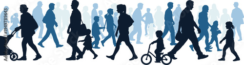 Crowd of people walking in urban city street, silhouette illustration of diverse pedestrians including families, children and commuters, representing daily life movement and population concept