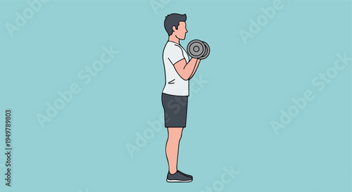 Man with dark hair and gray shirt doing bicep curls with weights
