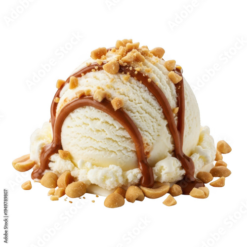 Creamy vanilla ice cream with caramel drizzle and crushed peanuts isolated on transparent background