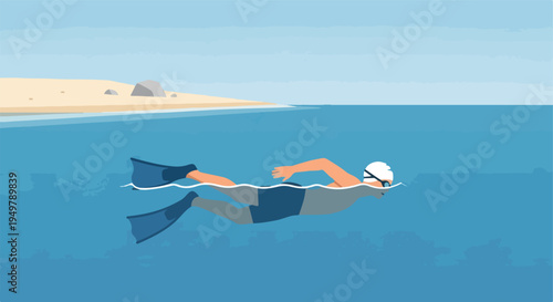 Person swims in clear blue water near sandy beach with rocks