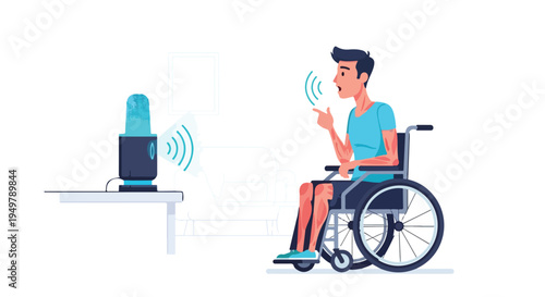 Man in wheelchair interacts with smart speaker using voice commands