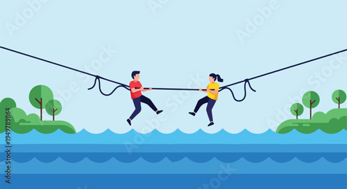 Two people on a rope bridge over water, with trees on islands