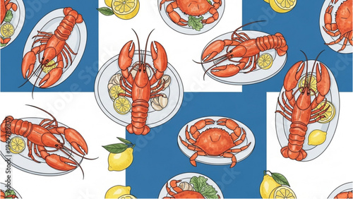 A plate of seafood with lobsters on a table indoors