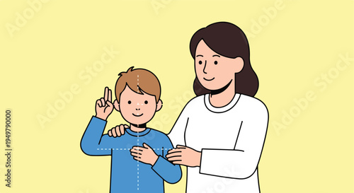 A woman places her hand on a boy's shoulder, who is pointing upwards