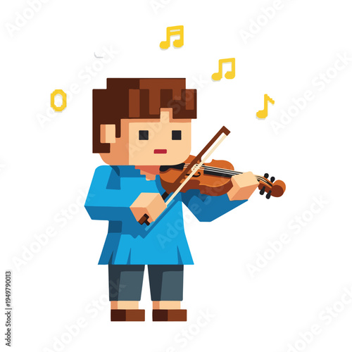 Pixel art boy playing violin with musical notes