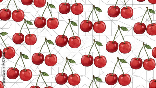 Vibrant cherries hang from stems with green leaves on a white background