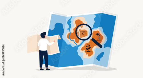 Person studying a map showing environmental concerns like drought and a wilting plant