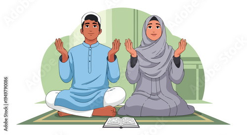 A Muslim couple sits on a prayer mat, hands raised in devotion before an open book