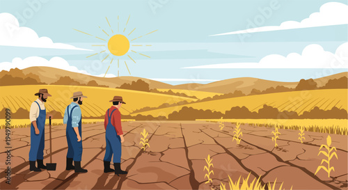 Three farmers stand in a parched field under a bright sun, gazing at wilting crops