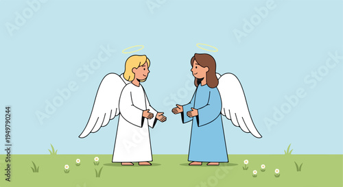 Two whimsical angels, one in white, one in blue, meet on a grassy field