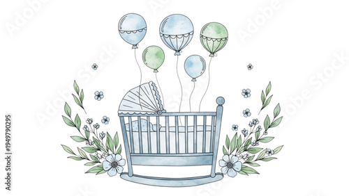 A baby crib with balloons and flowers in a nursery setting indoors