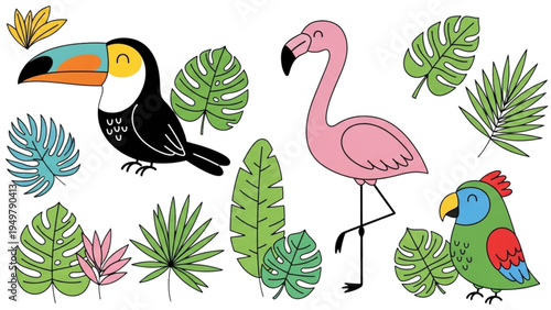 Vibrant tropical scene with toucan, flamingo, and parrot amidst lush green leaves and colorful foliage.