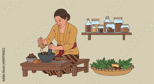 Woman in traditional attire grinds ingredients in mortar, surrounded by jars and herbs