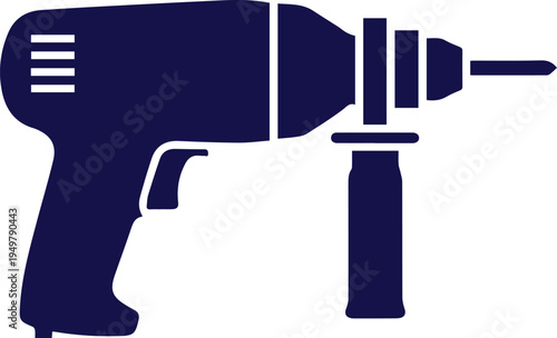 Electric drill with assorted bits sits on a light blue surface, ready for use.