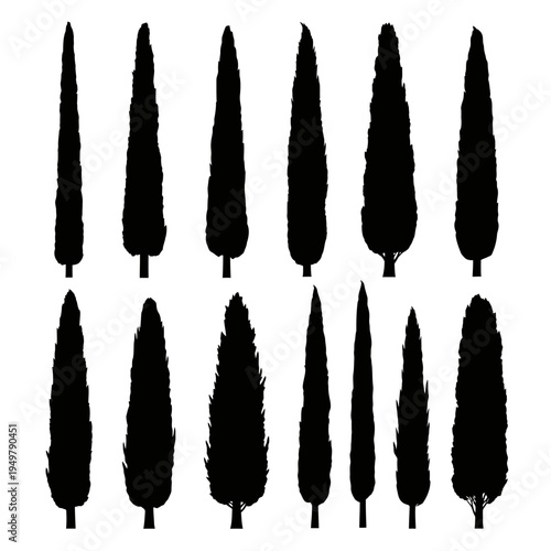 Collection of various tree silhouettes.