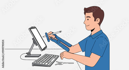 Person with arm brace using stylus on tablet and keyboard at desk