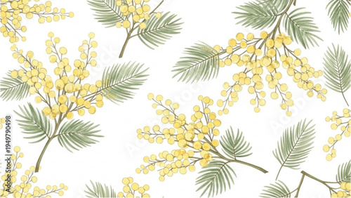 Mimosa branches with green leaves and yellow flowers bloom naturally outdoors