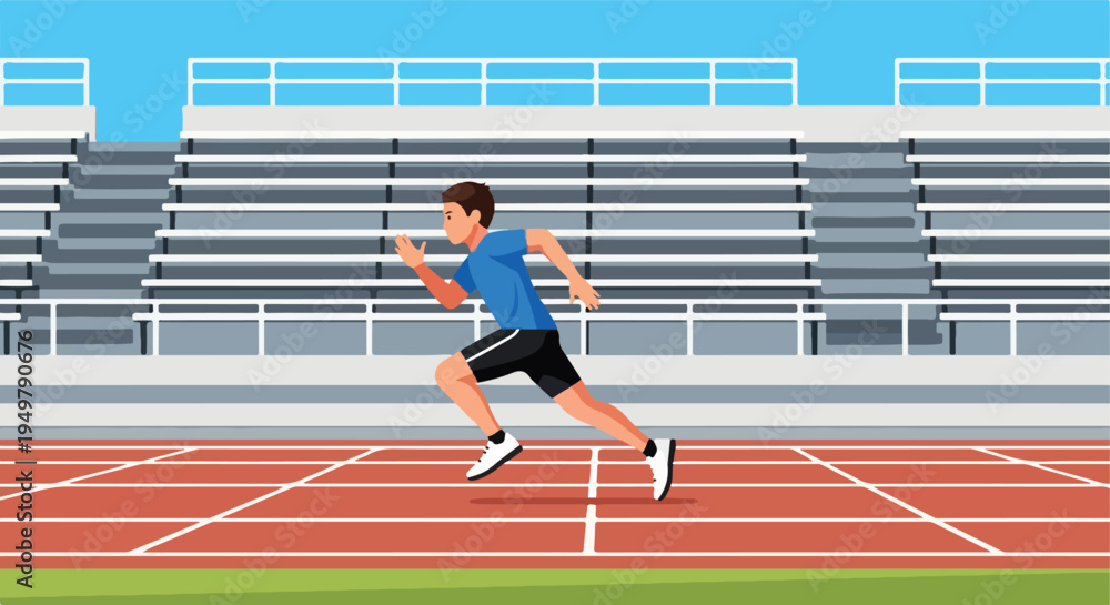 Obraz premium A young male athlete sprints on a running track with stadium seating in the background