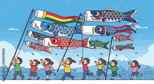 Children happily run under colorful carp streamers against a backdrop of mountains and traditional houses