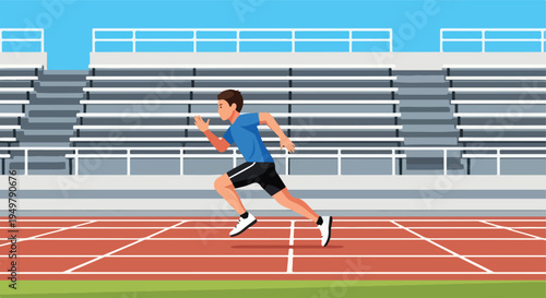 A young male athlete sprints on a running track with stadium seating in the background