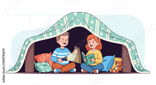 Two children enjoy reading a book by flashlight in a cozy blanket fort