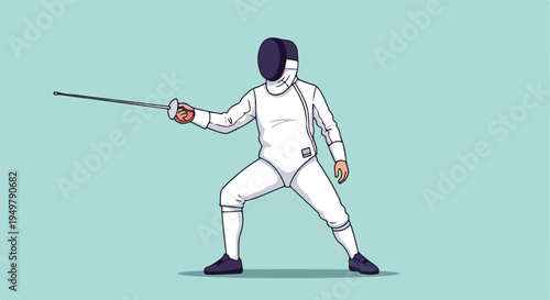 A fencer in a white suit and mask holds a foil, in a ready stance