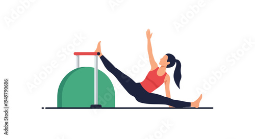 Woman doing a leg split stretch with a green exercise ball and stool